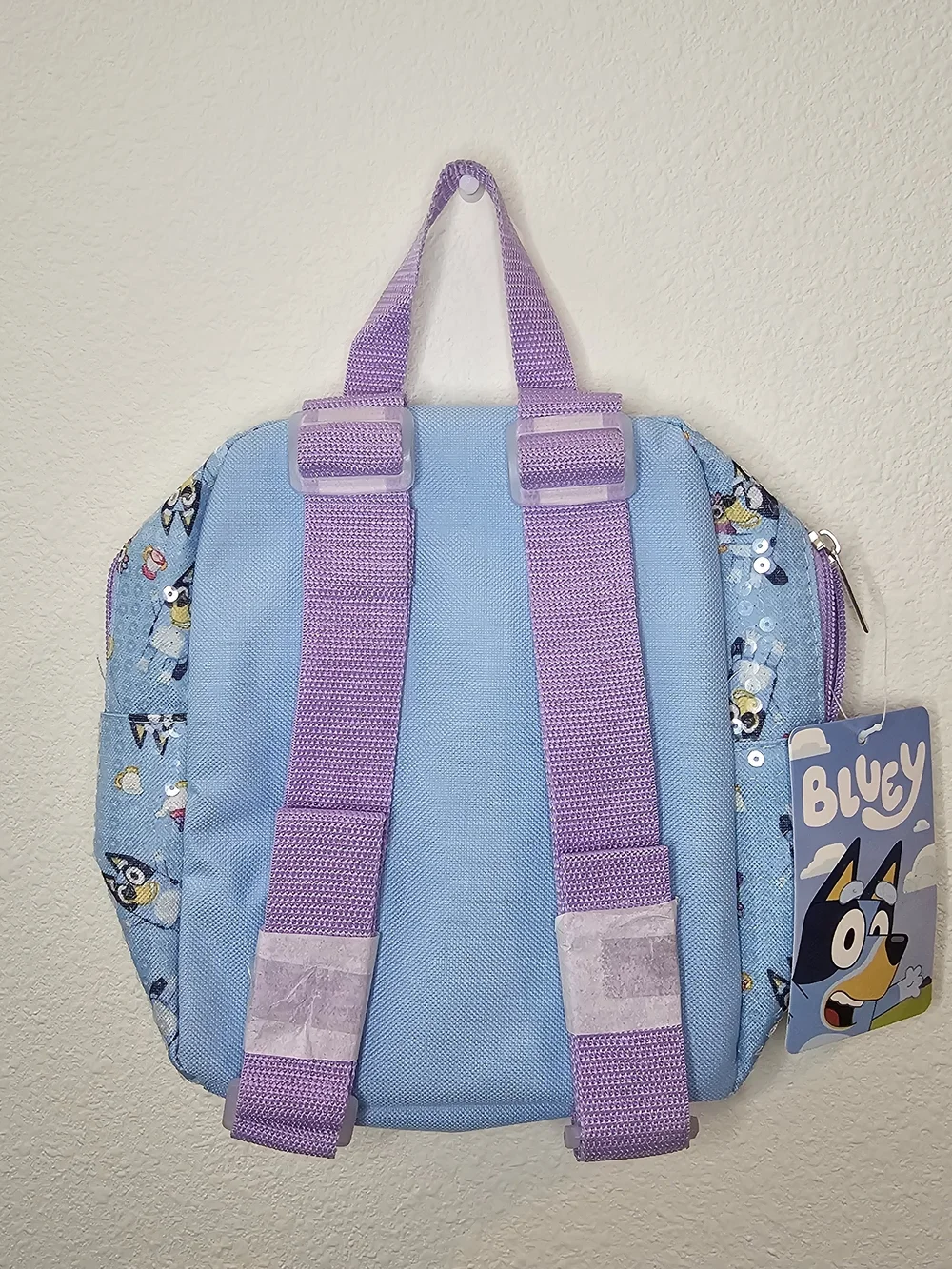 Blue Kids Backpack with Purple Trim and 'B' Patch